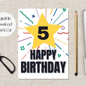 Carte d'anniversaire imprimable, souhait de joyeux anniversaire de 5 ans, joyeux 5e anniversaire