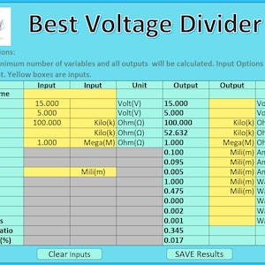 Könnte beinhalten: Eine blaue und weiße Tabelle mit einem gelben Feld, auf dem der Text "Best Voltage Divider" steht. Die Tabelle enthält eine Liste von Schaltungsnamen, Eingängen, Ausgängen und Einheiten. Die Tabelle wird verwendet, um den Spannungsteiler für eine Schaltung zu berechnen.