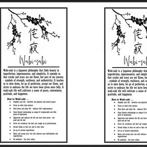 Könnte beinhalten: Zwei schwarz-weiße rechteckige Drucke mit dem japanischen Wort "Wabi-sabi" und Text, der die Philosophie der Schönheit in der Unvollkommenheit beschreibt. Oben befindet sich ein floraler Zweig.