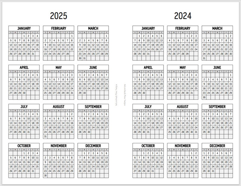 Printable 2025 & 2025 Year on 1 Page Calendar Half Letter Planner