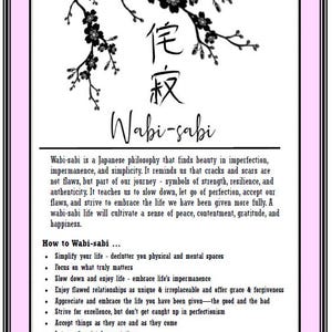 Könnte beinhalten: Ein Bild mit rosa Rahmen und weißem Hintergrund, das das japanische Konzept Wabi-sabi zeigt. Es enthält japanische Schriftzeichen, den englischen Begriff und eine Beschreibung der Philosophie sowie Tipps zu ihrer Umsetzung.