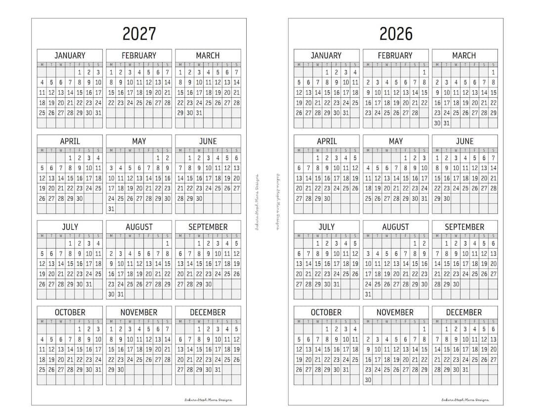 Calendario imprimible de 2026 y 2027 en 1 página / Agenda delgada A5 ...