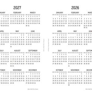 May include: A black and white calendar for the years 2026 and 2027. Each year displays the months January through December, with the days of the week and dates clearly marked. The calendar is designed for easy planning.
