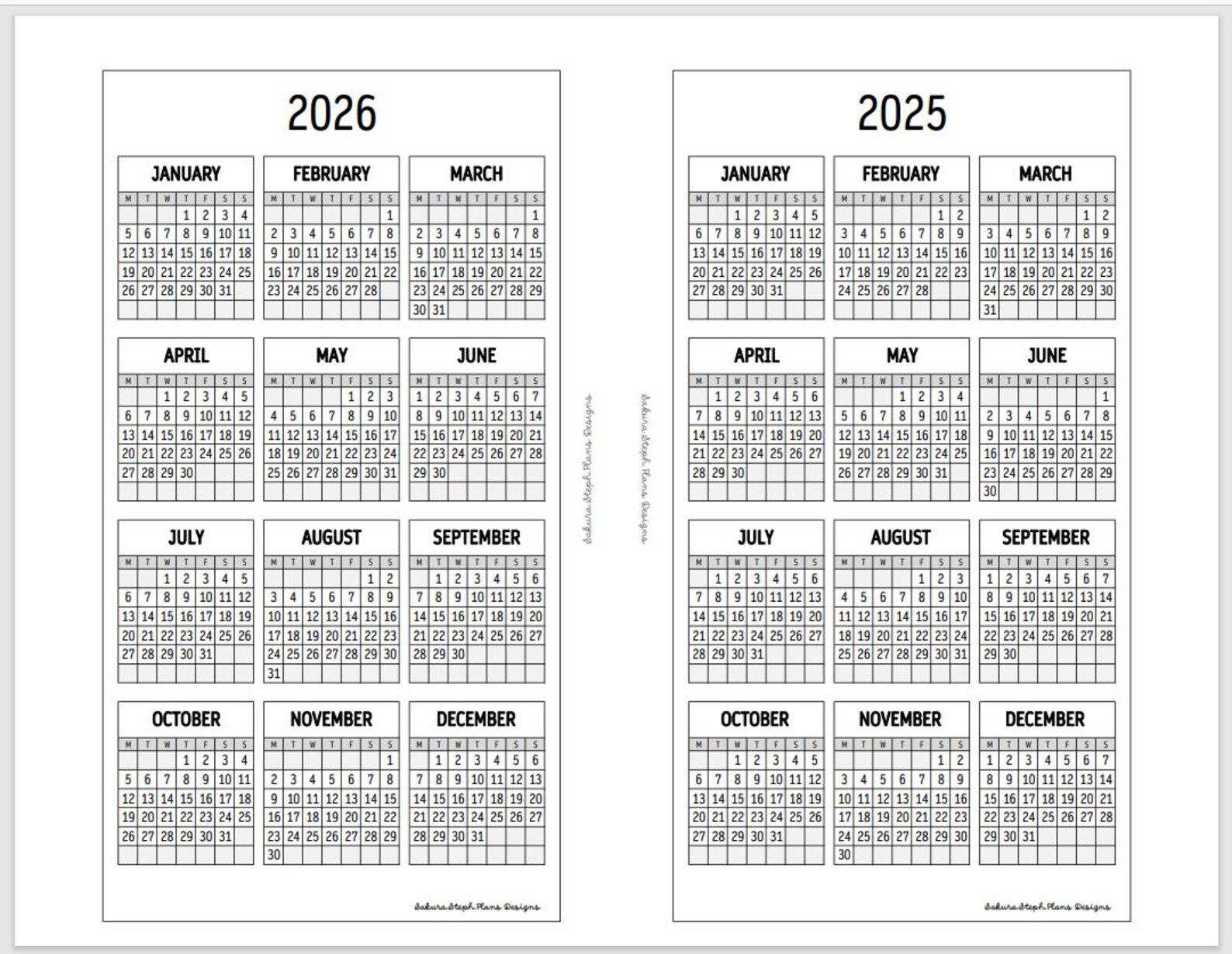 Printable 2025 & 2026 Year on 1 Page Calendar Standard TN Travelers