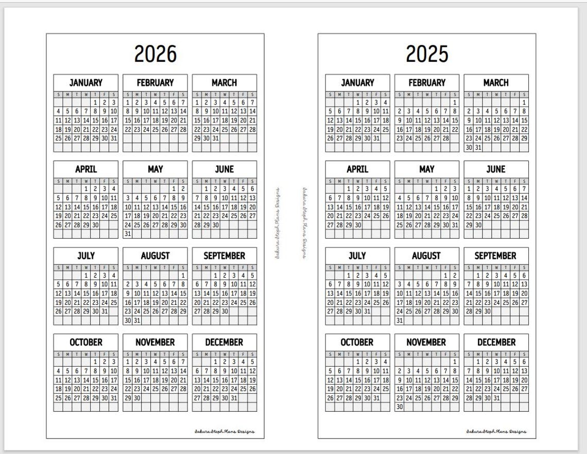 Printable 2025 & 2026 Year on 1 Page Calendar Standard TN Travelers