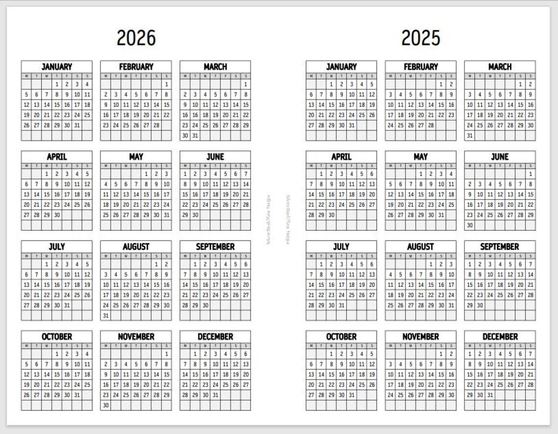 Printable 2025 & 2026 Year on 1 Page Calendar (v2) Standard TN