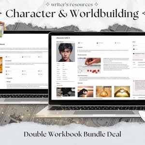 Puede incluir: Dos port&aacute;tiles abiertos con un cuaderno de creaci&oacute;n de mundos y un wiki de personajes abiertos en la pantalla. Los port&aacute;tiles est&aacute;n sobre una mesa con un fondo decorativo de estrellas y lunas. El texto "Double Workbook Bundle Deal" est&aacute; en la parte inferior de la imagen.