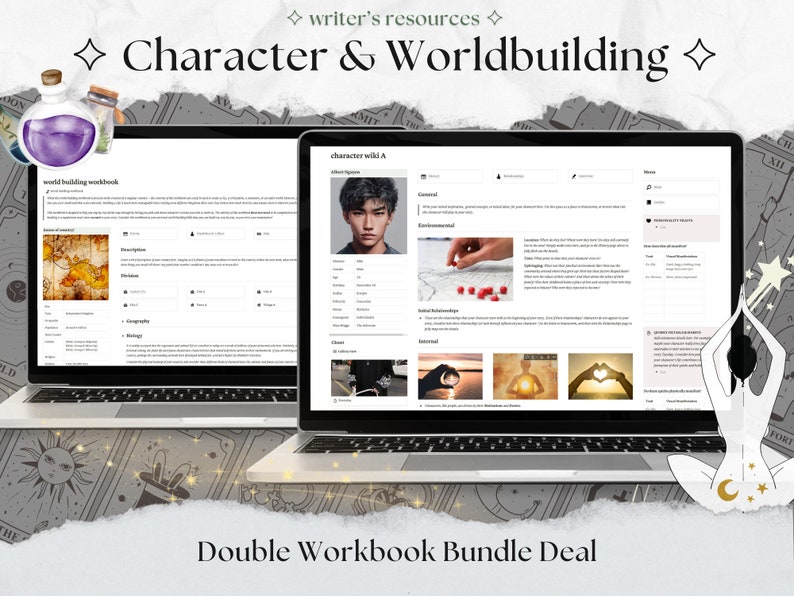 Puede incluir: Dos port&aacute;tiles abiertos con un cuaderno de creaci&oacute;n de mundos y un wiki de personajes abiertos en la pantalla. Los port&aacute;tiles est&aacute;n sobre una mesa con un fondo decorativo de estrellas y lunas. El texto "Double Workbook Bundle Deal" est&aacute; en la parte inferior de la imagen.