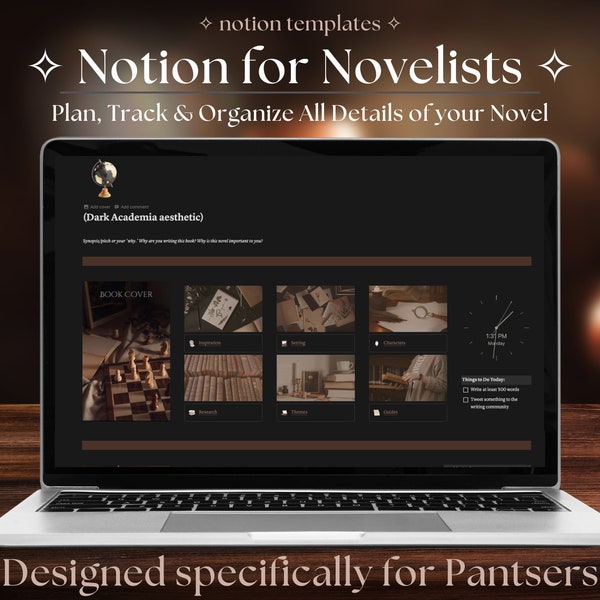 Notion Writing Novel Template; Author Notion Template; Novel Planner; Notion for Writers -- Designed for Pantsers; Dark Academia Aesthetic