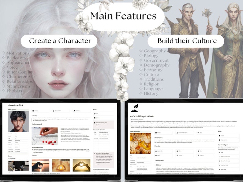 Puede incluir: Una ilustraci&oacute;n digital de una mujer con cabello blanco y un vestido rosa claro. La imagen es una gu&iacute;a para crear personajes y construir su cultura. El texto en la imagen dice "Crea un personaje" y "Construye su cultura".