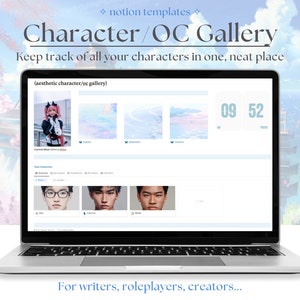 May include: A laptop displaying a Notion template titled "Character / OC Gallery." The screen shows a character database with images and text, including the text "Keep track of all your characters in one, neat place." The bottom of the screen reads "For writers, roleplayers, creators..."