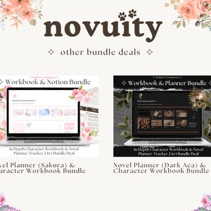 Puede incluir: Dos pantallas de ordenador port&aacute;til que muestran diferentes paquetes de planificadores digitales y cuadernos de trabajo de personajes. El primer paquete presenta un tema floral rosa y blanco con el texto "Workbook & Notion Bundle". El segundo paquete presenta un tema de academia oscura con el texto "Workbook & Planner Bundle". Ambos paquetes incluyen el texto "In Depth Character Workbook & Novel Planner/Tracker 2 in 1 Bundle Deal".