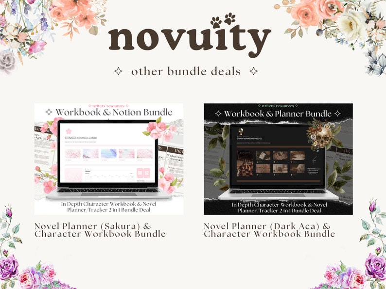 Puede incluir: Dos pantallas de ordenador port&aacute;til que muestran diferentes paquetes de planificadores digitales y cuadernos de trabajo de personajes. El primer paquete presenta un tema floral rosa y blanco con el texto "Workbook & Notion Bundle". El segundo paquete presenta un tema de academia oscura con el texto "Workbook & Planner Bundle". Ambos paquetes incluyen el texto "In Depth Character Workbook & Novel Planner/Tracker 2 in 1 Bundle Deal".