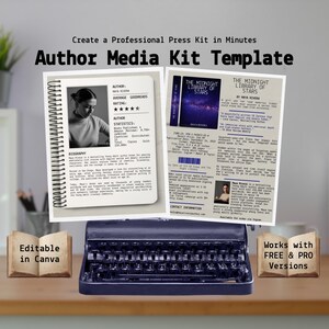 May include: An Author Media Kit Template with the text "Create a Professional Press Kit in Minutes". The image shows a spiral-bound notebook with author information and a book cover. A vintage typewriter sits below the notebook. The text "Editable in Canva" and "Works with FREE & PRO Versions" are also visible.