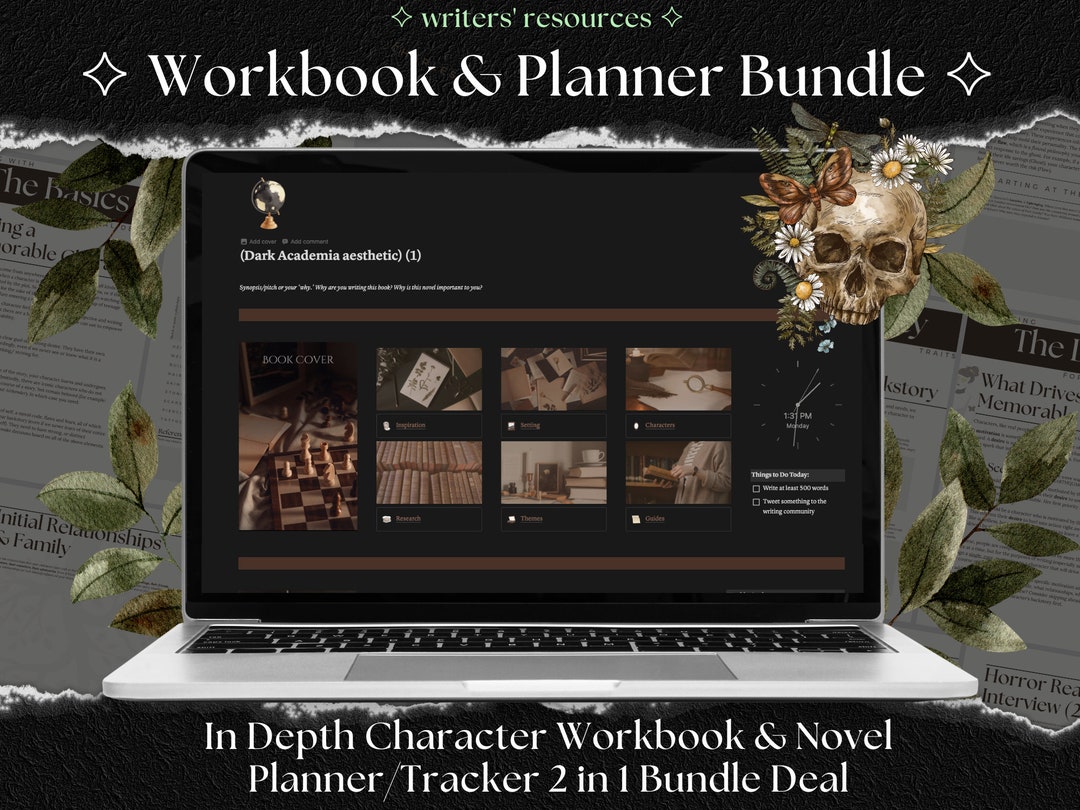 Novel Writing Notion Template & Character Workbook BUNDLE Dark Academia ...