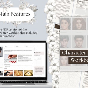 Puede incluir: Un libro de trabajo de personajes digital con una cubierta marr&oacute;n y el texto "Character Workbook" en blanco. El libro de trabajo est&aacute; abierto en una p&aacute;gina con el t&iacute;tulo "A Physical Manifestation of Your Character's Backstory".
