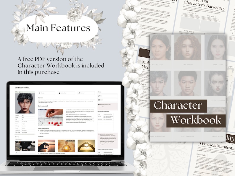 Puede incluir: Un libro de trabajo de personajes digital con una cubierta marr&oacute;n y el texto "Character Workbook" en blanco. El libro de trabajo est&aacute; abierto en una p&aacute;gina con el t&iacute;tulo "A Physical Manifestation of Your Character's Backstory".