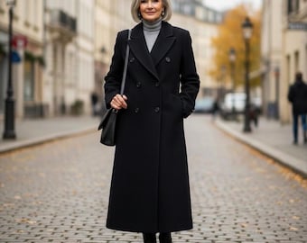 Preston York Black Wool Angora Blend Double Breasted Long Overcoat Coat Size 8