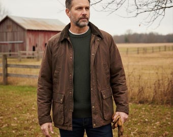 Lands End Vintage Men's Brown Waxed Cotton Barn Jacket Plaid Lined Field Coat L