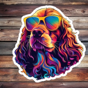Puede incluir: Una ilustración colorida de un perro con gafas de sol. El perro tiene el pelo largo y fluido y está representado en un arcoíris vibrante de colores.