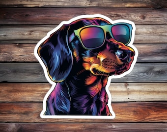 Pegatina de vinilo de perro salchicha, perro con gafas de sol, calcomanía para portátil