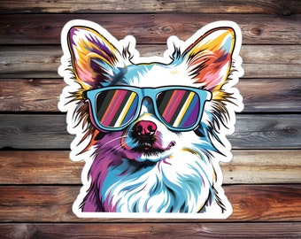 Cool Chihuahua Sticker, Long-hair Dog with Sunglasses