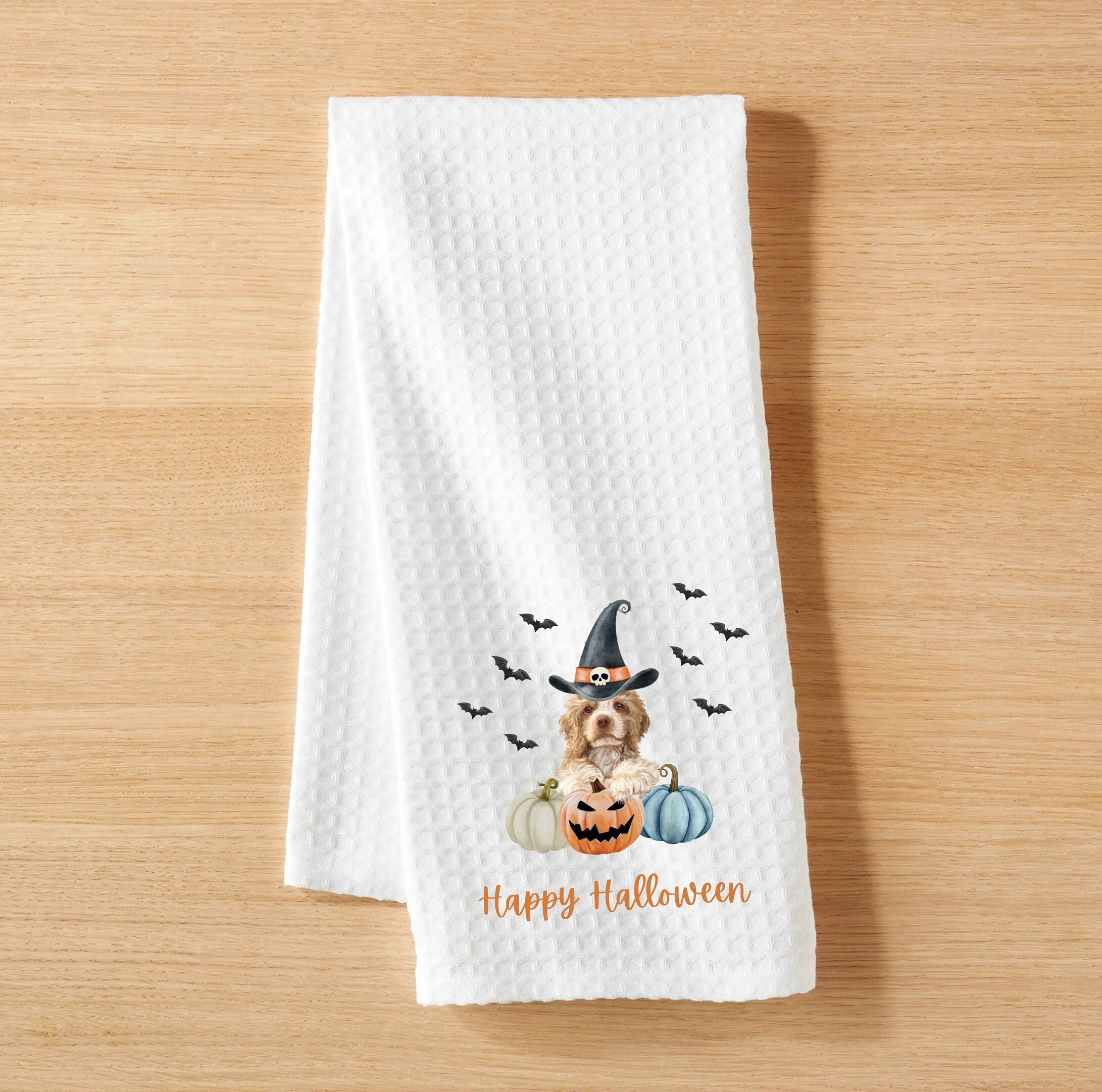 Serviette de cuisine d’Halloween, serviette pour chien Cocker Spaniel, serviette personnalisée, serviette de vacances, sac de farine Cocker Spaniel, serviette de tissage gaufré