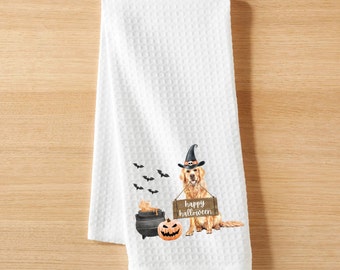 Serviette de cuisine Halloween, serviette de chien Golden Retriever, serviette personnalisée, serviette de vacances, sac de farine Golden Retriever, serviette de tissage gaufré