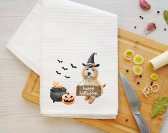 Serviette de cuisine d’Halloween, serviette pour chien Goldendoodle, serviette personnalisée, serviette de vacances, sac de farine Golden Doodle, serviette de tissage gaufré