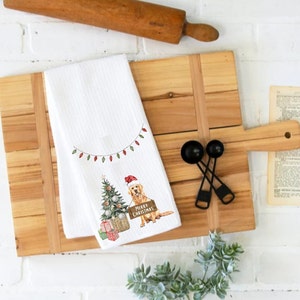Christmas Kitchen Towel, Golden Retriever Dog Towel, Personalized Towel, Holiday Towel, Golden Flour Sack, Waffle Weave Towel