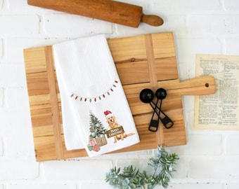 Linge de cuisine de Noël, serviette pour chien Golden Retriever, serviette personnalisée, serviette des fêtes, sac de farine doré, serviette gaufré