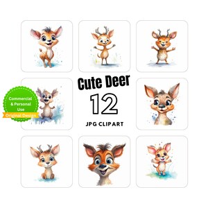 12 Cute Deer Clipart Collection - 12 Clipart image, animal illustration -For card making - Digital craft- mix media - instant download