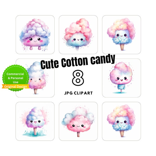 Cute Cotton Candy Clipart Collection - 8 Clipart image, Kawaii design -For card making - Digital craft- mix media - instant download