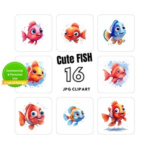16 Cute Fish Clip Art Collection:  Instant Download for Card Making, Mixed Media, and Digital Crafting, Sublimation