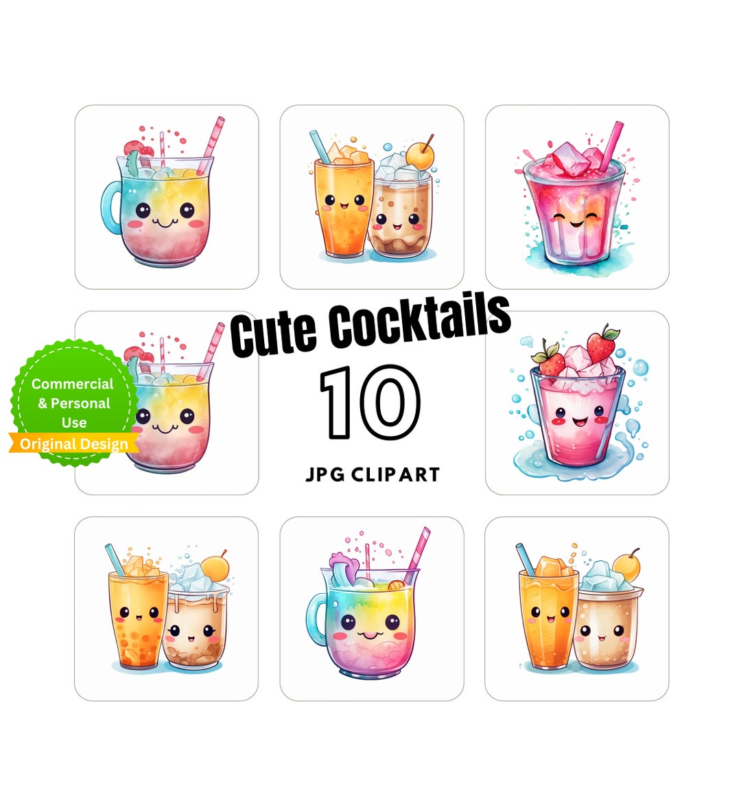 Cute Cocktail Clipart Collection - 10 Clipart Image, Kawaii Design -for Card Making - Digital ...