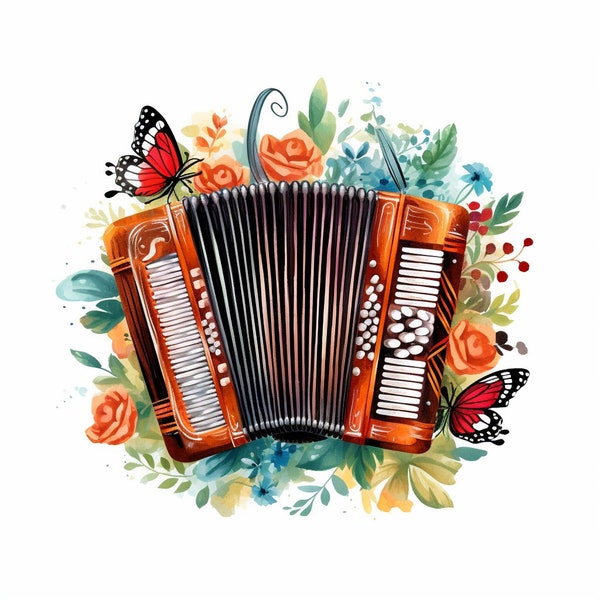 8 accordion - Floral Music instrument Clipart : 8 High Quality Images Collection -Perfect for Card Making, Mixed Media, and Digital Crafting