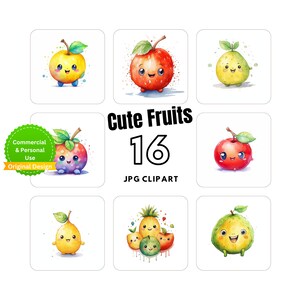 Cute Fruits Clipart Collection - 16 Clipart image, Kawaii Fruits -For card making - Digital craft- mix media - instant download