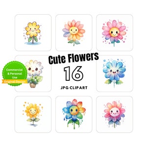 Cute Flowers Clipart Collection - 16 Clipart image, Kawaii design -For card making - Digital craft- mix media - instant download