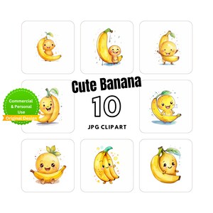 Cute Banana Clipart Collection - 10 Clipart image, Kawaii design -For card making - Digital craft- mix media - instant download