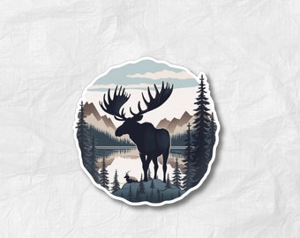Adhesivo con silueta de alce: Vinilo decorativo rústico para coche, portátil o botella, ideal para aventuras al aire libre.