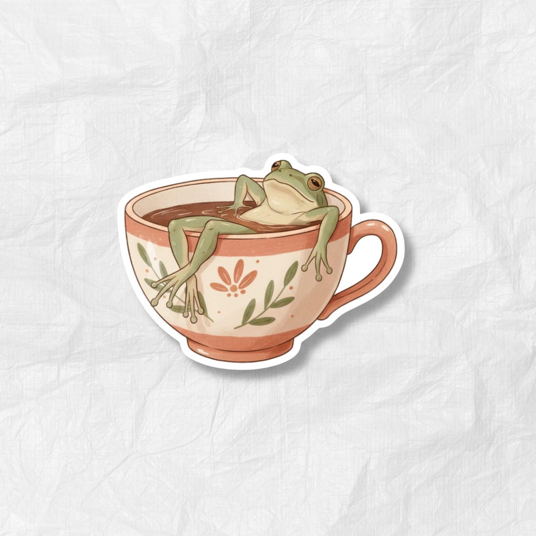 Cottagecore Frog Tea Sticker - Relaxing Frog in Cup Matte Vinyl Decal ...