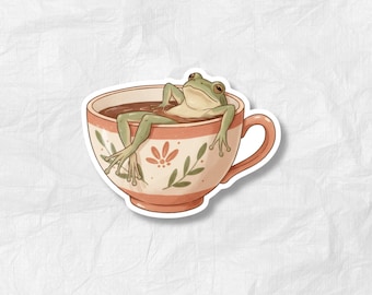 Cottagecore Frog Tea Sticker - Relaxing Frog in Cup Matte Vinyl Decal