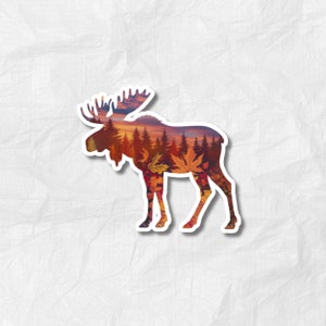 May include: A silhouette of a moose with a fall forest scene inside. The moose is standing on all four legs with its head turned to the left. The forest scene is a mix of orange, red, and yellow leaves.
