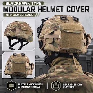 May include: A Blackhawk type modular helmet cover in MTP camouflage pattern. The cover features multiple hook and loop attachment panels, a rear accessory platform, and integrated straps. The design includes a drawstring adjustment system.