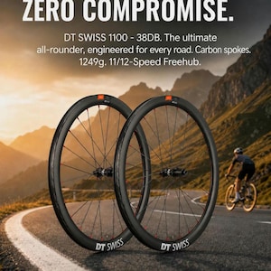 Puede incluir: Dos ruedas de bicicleta de carbono negro DT Swiss 1100 - 38DB con radios finos y núcleo. El texto dice: ZERO COMPROMISE. DT SWISS 1100 - 38DB. The ultimate all-rounder, engineered for every road. Carbon spokes. 1249g. 11/12-Speed Freehub.
