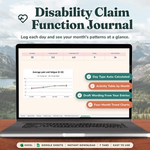 Tabellenkalkulationsblatt für die Dokumentation von Behinderungsansprüchen – Tägliche Erfassung von Schmerzen, Müdigkeit und Funktionsfähigkeit (Excel & Google Sheets)
