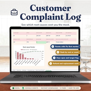 May include: A laptop screen displays a Customer Complaint Log dashboard with a Root cause Pareto chart, data tables, and bulleted feature highlights including Pareto with Fix first marker, Rank by cost or count, Days open and target flag, and Refund and replacement costs.