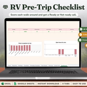 RV Pre-Trip Checklist Spreadsheet, Camper Departure Lockdown and Safety Check, Trip Log and Repair Tracker, Excel and Google Sheets
