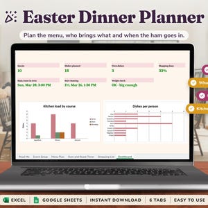 Easter Dinner Planner Spreadsheet, Easter Ham Timer and Menu Planner, Who Brings What Potluck Sign Up, Excel & Google Sheets Template