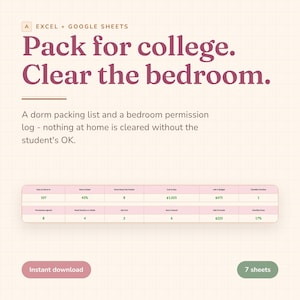 May include: A digital spreadsheet template for Excel and Google Sheets titled Pack for college. Clear the bedroom. It includes a dorm packing list, a bedroom permission log, and a data table with metrics like items packed, budget, and checklist status.